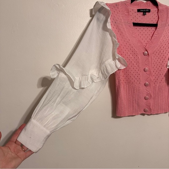 Strut & Bolt Twofer Pointelle Knit Ruffle Balloon Sleeve Cardigan Top - Picture 4 of 8